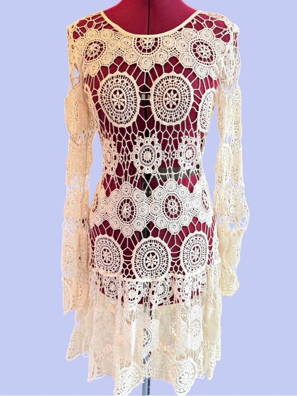 Free People Cream Crochet Lace Long Sleeve Dress size M